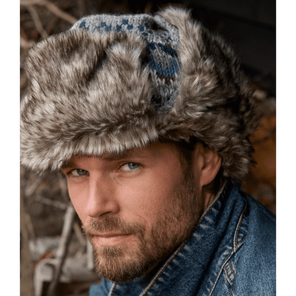 100% Wool Knitted  Blue Trapper Hat with Faux Fur. Fully Lined - Westport