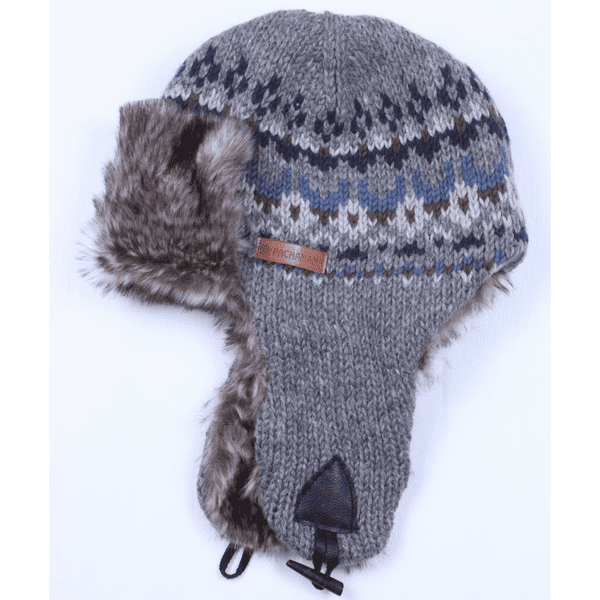 100% Wool Knitted  Blue Trapper Hat with Faux Fur. Fully Lined - Westport