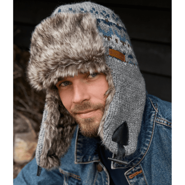 100% Wool Knitted Blue Trapper Hat with Faux Fur. Fully Lined - Westport