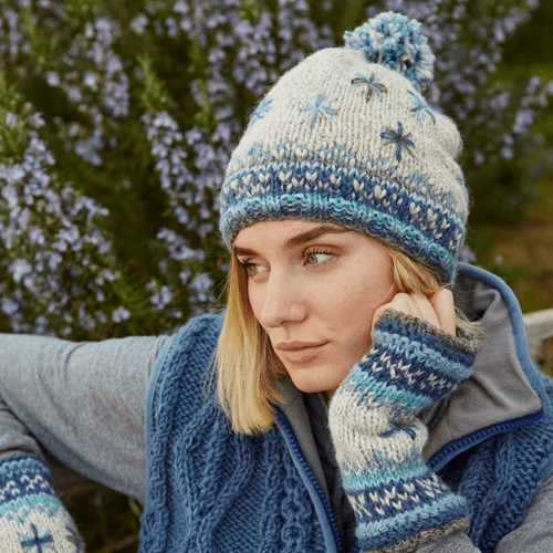 100% Wool Knitted Bobble Hat and Fingerless Handwarmers - Littlehampton