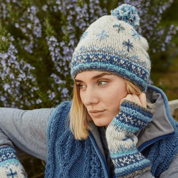 100% Wool Knitted Bobble Hat and Fingerless Handwarmers - Littlehampton