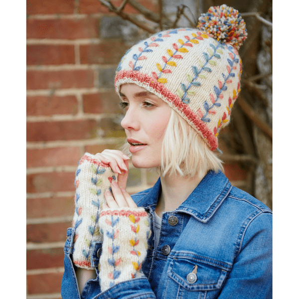 100% Wool Knitted Bobble Hat and Handwarmers - Kylemore Cream