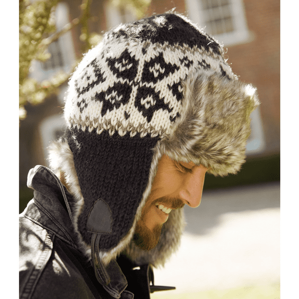 100% Wool Knitted Trapper Hat with Faux Fur. Fully Lined - Yukon