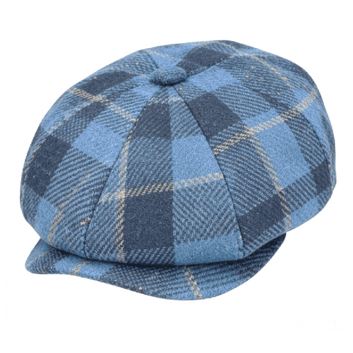 8-piece Blue Checked Tweed Wool Newsboy/Bakerboy Cap
