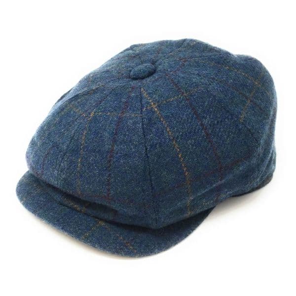 8 Piece Newsboy Bakerboy Cap - Blue Check Tweed Gatsby