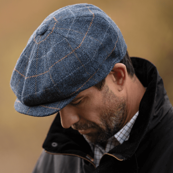 8 Piece Newsboy Bakerboy Cap - Blue Herringbone Check Tweed Gatsby