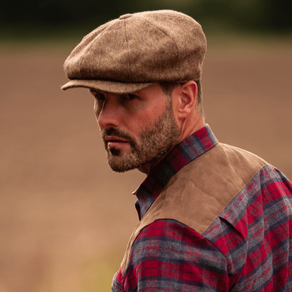 8 Piece Newsboy Cap - Brown Herringbone Tweed Gatsby Bakerboy Cap