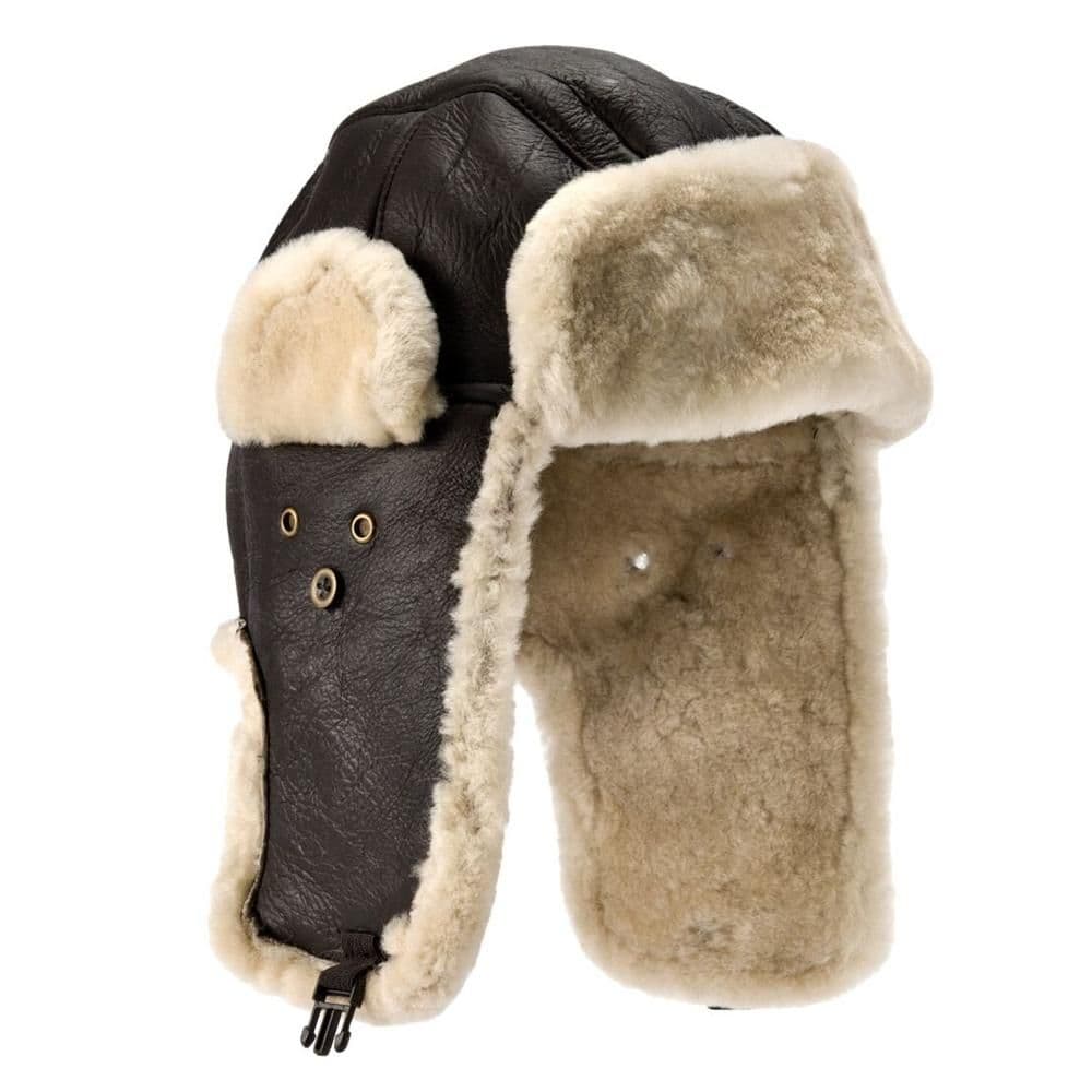 Men's Leather Trapper Hat With Ear Flaps - Sheepskin Cap, Vintage Aviator Style For Winter, Black