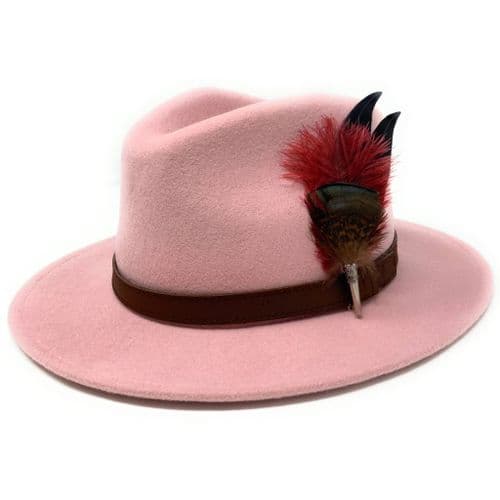 Baby Pink Wool Fedora Hat with Removable Ostrich Feather Brooch - Hidcote