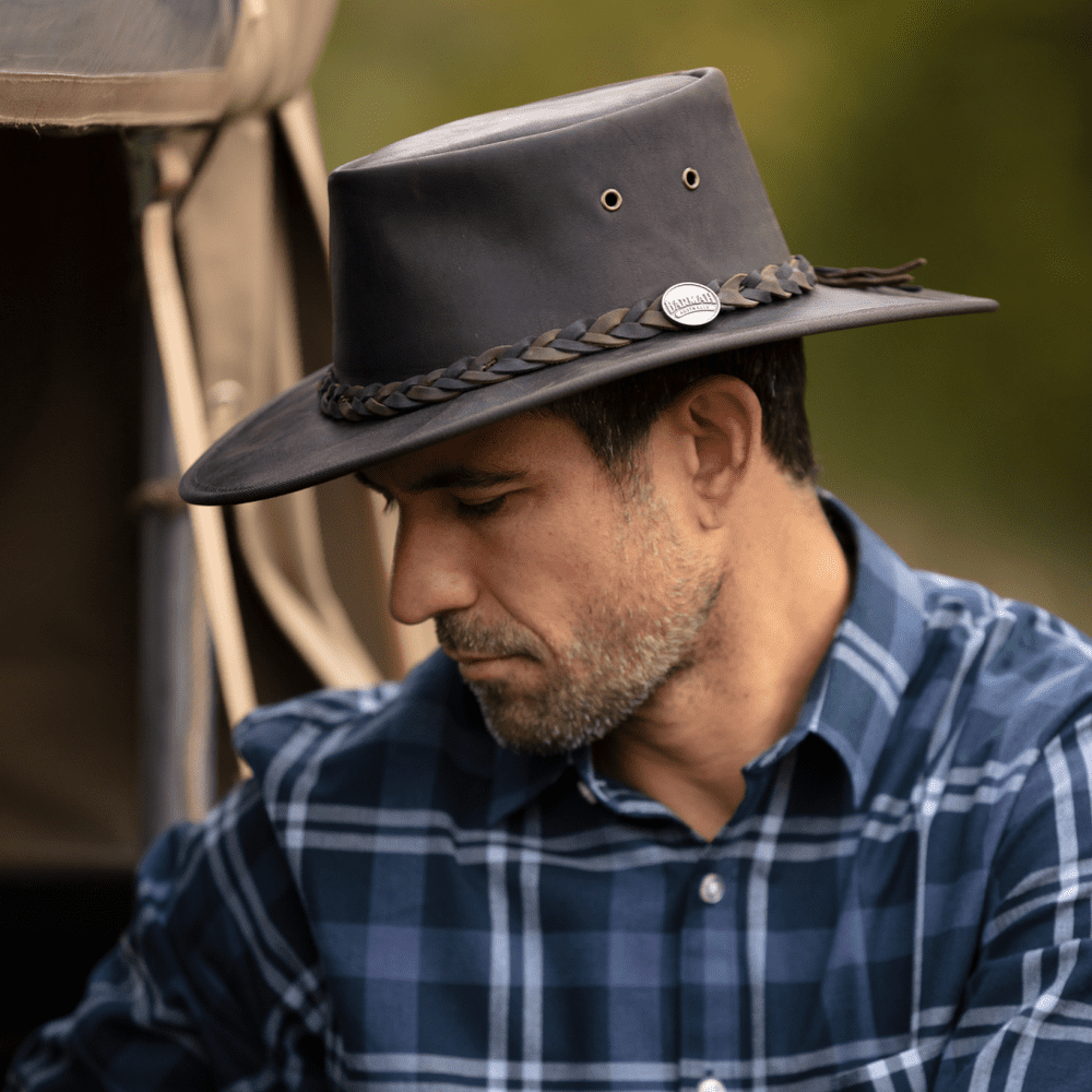 Barmah Squashy Packable Crackle Kangaroo Leather Hat - Dark Brown 1018
