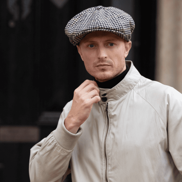 Beige & Midnight Navy Wool & Cashmere Tweed Newsboy/Bakerboy 8-Piece Cap