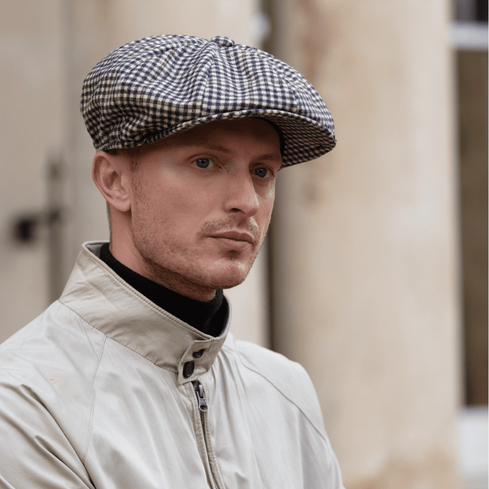 Beige & Midnight Navy Wool & Cashmere Tweed Newsboy/Bakerboy 8-Piece Cap
