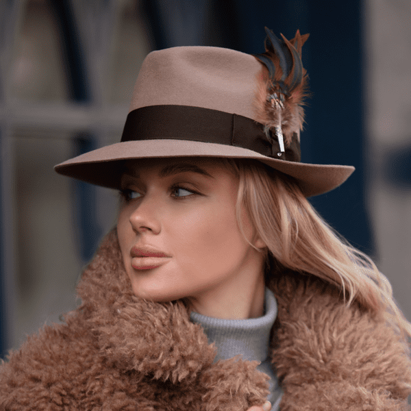 Beige Snap Brim Fedora Hat with Country Feather Brooch - Chedworth