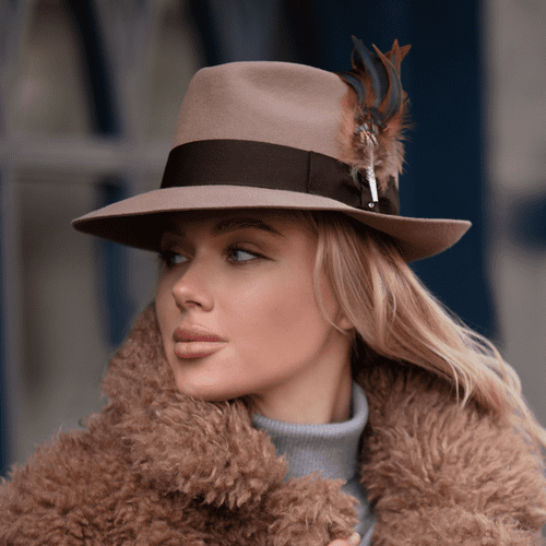 Beige Snap Brim Fedora Hat with Country Feather Brooch - Chedworth