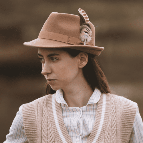 Beige Trilby Hat with Country Feather Brooch - Calmsden