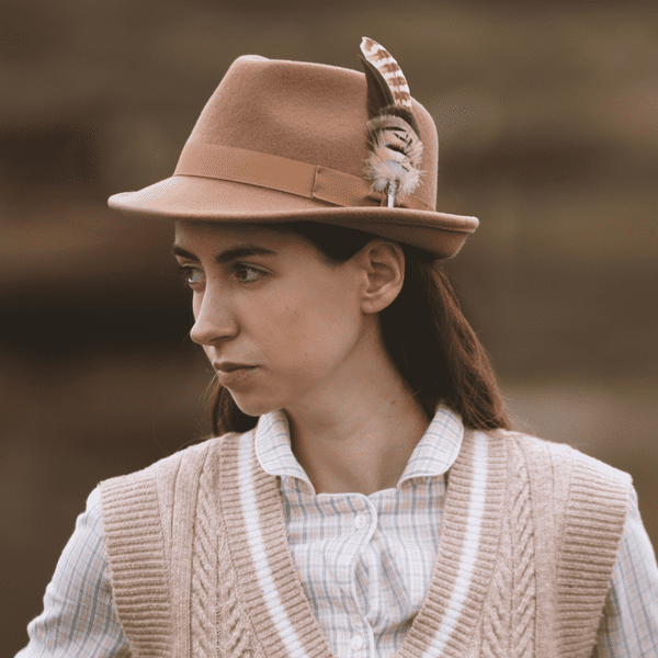 Beige Trilby Hat with Country Feather Brooch - Calmsden
