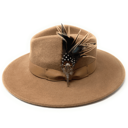 Beige Wide Brim Fedora Hat with Country Feather Brooch - Widford