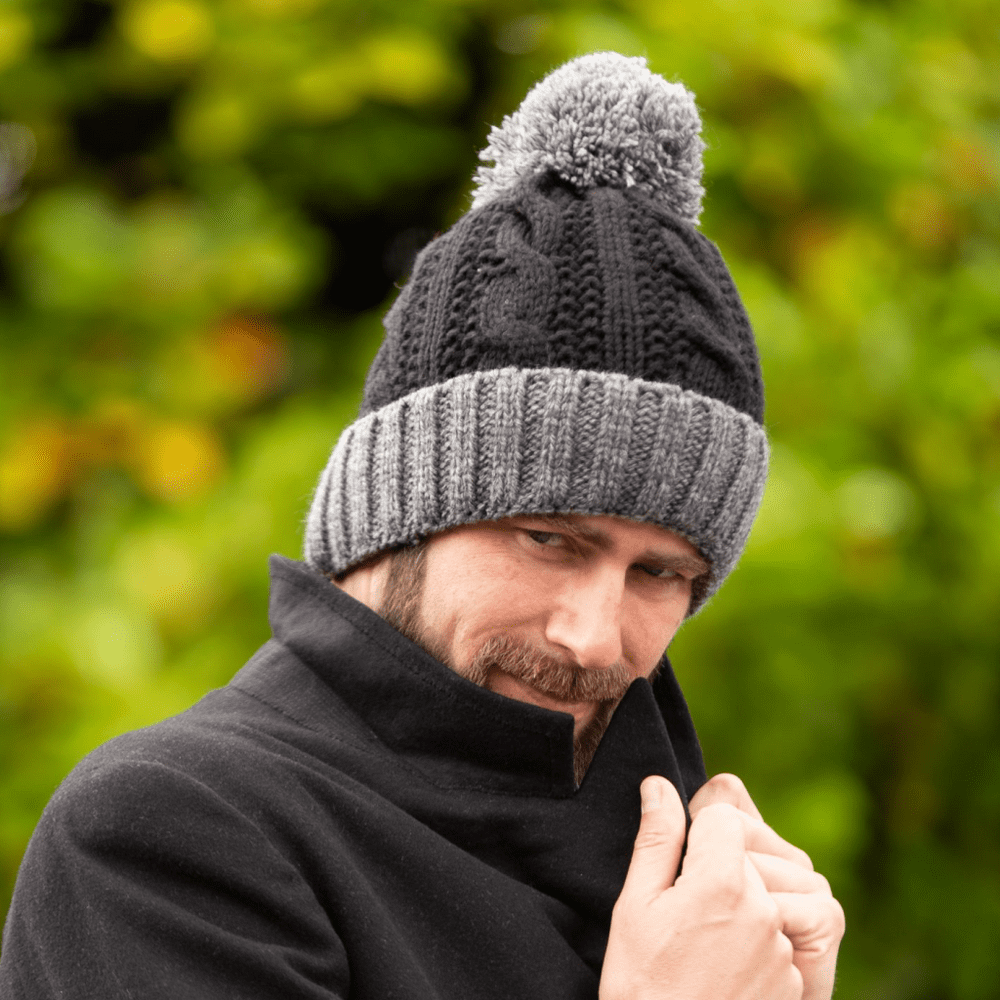 Black and Grey Wool Cable Knit Bobble Hat