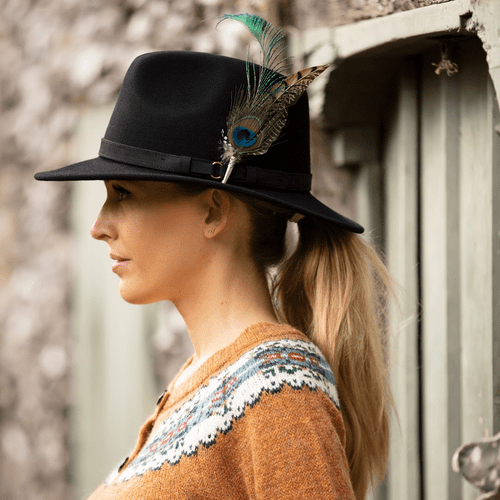 Black Fedora Hat, Showerproof, Wool with Peacock Feather Brooch - Sherborne