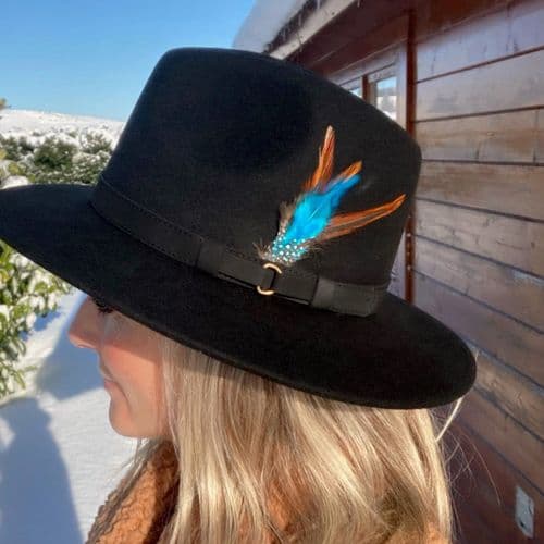 Black Fedora Hat with Leather Band. Showerproof, Wool, Removable Feather - Ranger