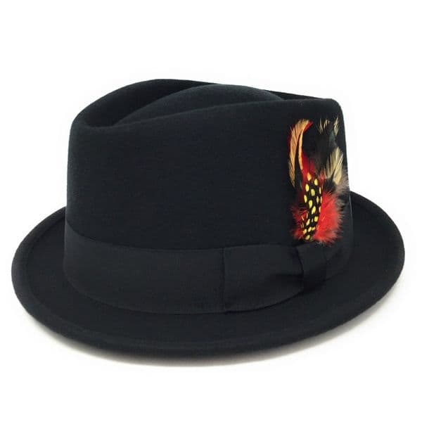 Black Pork Pie/Trilby Hat - Diamond Crown. Lined. Premium Wool