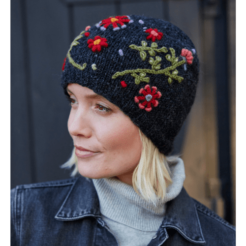 Black with Embroidered Flowers Wool Bobble Beanie Hat - Lugano