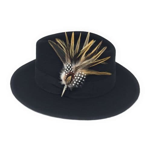 Black Wool Fedora Hat with Country Feather Brooch - Burford