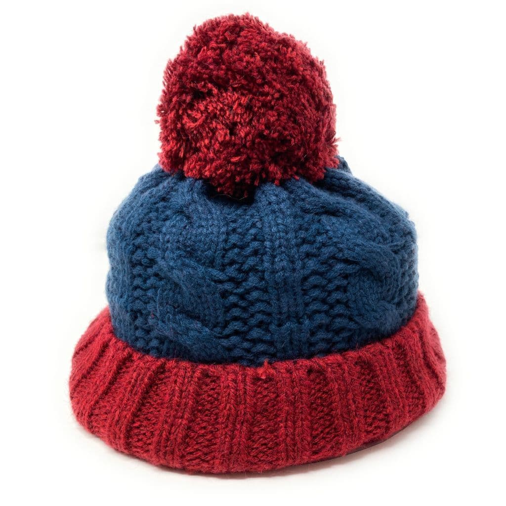 Blue and Burgundy Wool Cable Knit Bobble Hat
