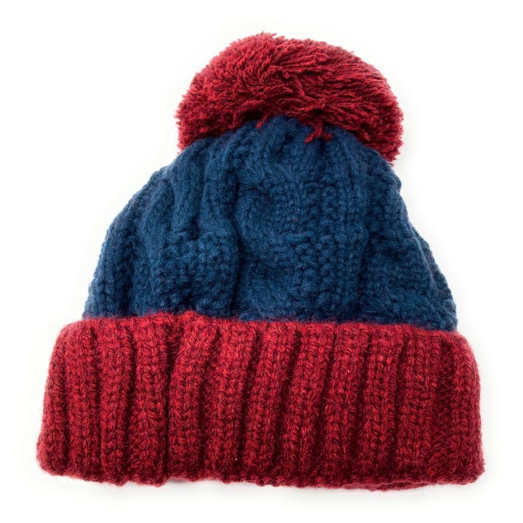 Blue and Burgundy Wool Cable Knit Bobble Hat