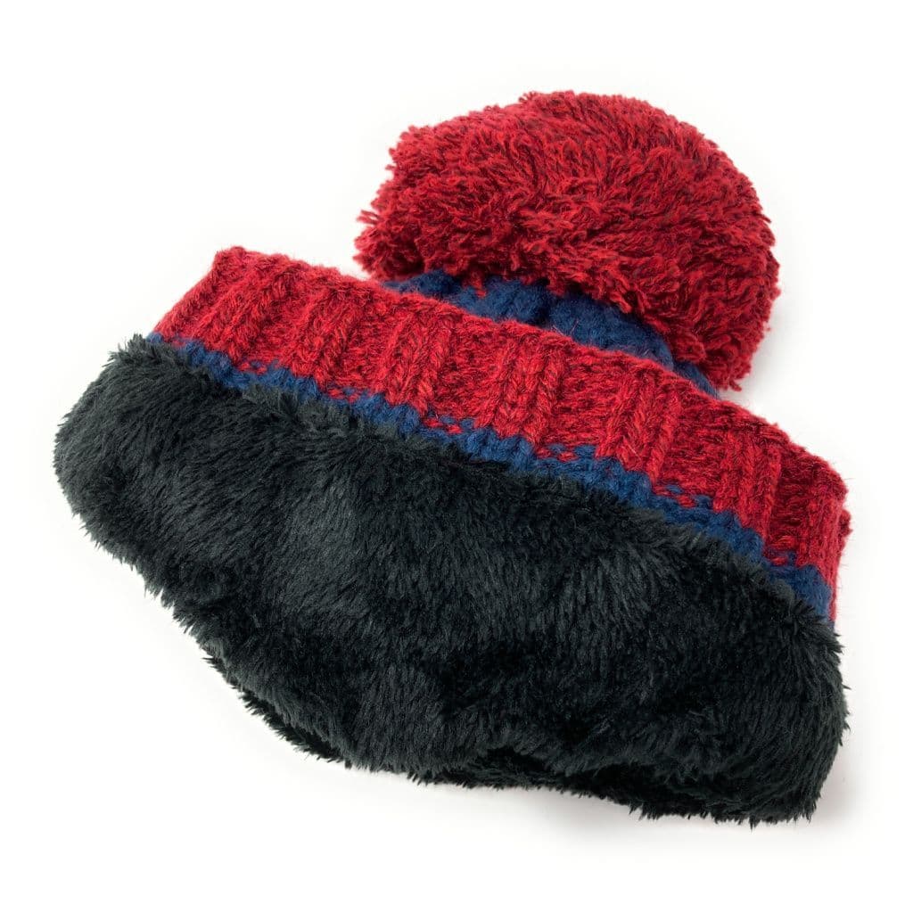 Blue and Burgundy Wool Cable Knit Bobble Hat