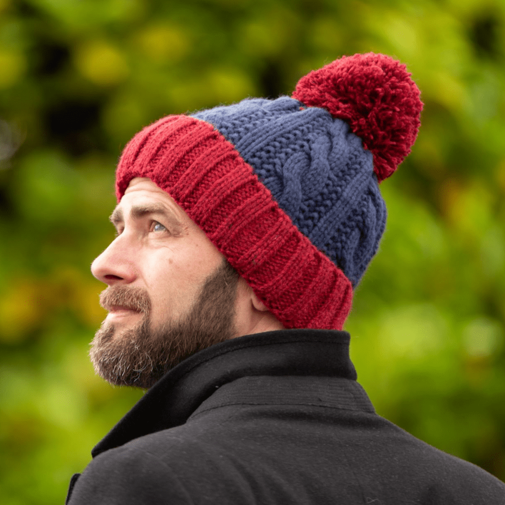 Blue and Burgundy Wool Cable Knit Bobble Hat