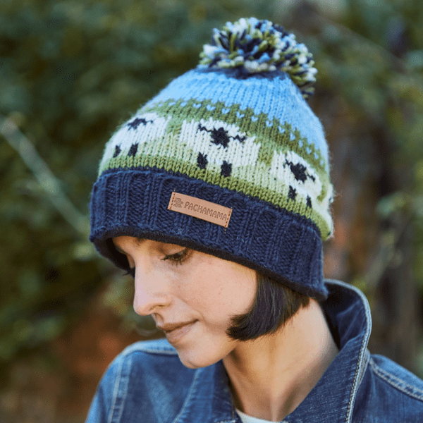 Blue Green Rollback Wool Bobble Beanie Hat - Flock of Sheep