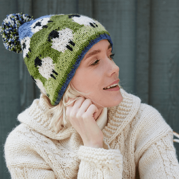 Blue Green Wool Bobble Beanie Hat - Flock of Sheep