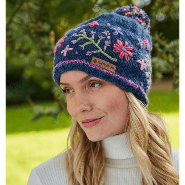 Blue with embroidered flowers Wool Bobble Beanie Hat - Hampton Court