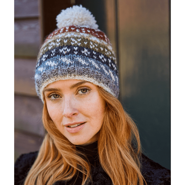Bold Earthy Striped Fair Isle Wool Bobble Beanie Hat - Helmsdale