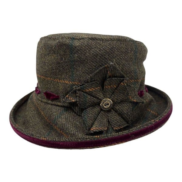 Bone Brim Tweed Bucket Hat - Green & Burgundy Trim - Alexia