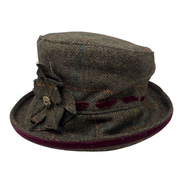 Bone Brim Tweed Bucket Hat - Green & Burgundy Trim - Alexia