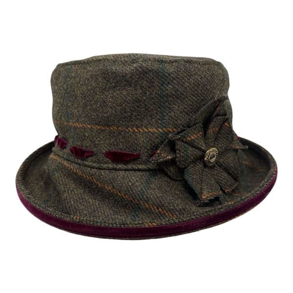 Bone Brim Tweed Bucket Hat - Green & Burgundy Trim - Alexia
