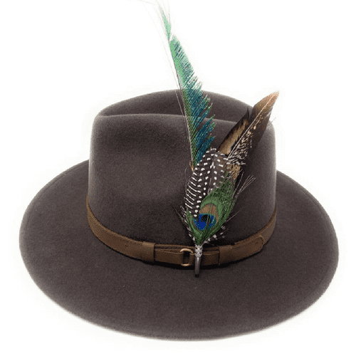 Brown Fedora Hat, Showerproof, Wool with Peacock Feather Brooch - Sherborne