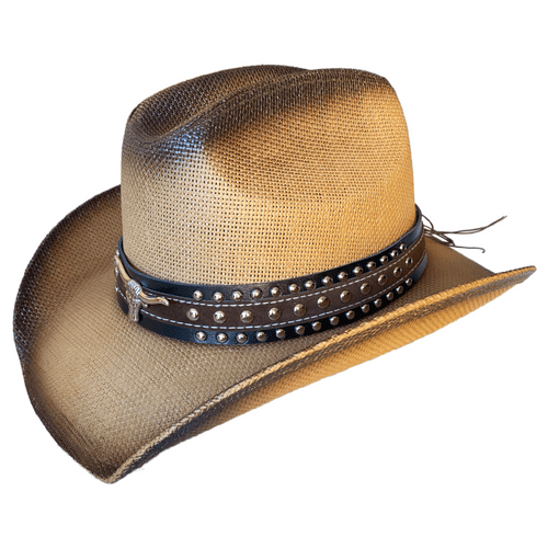 Brown Hard Straw Summer Cowboy Hat - Studded Longhorn