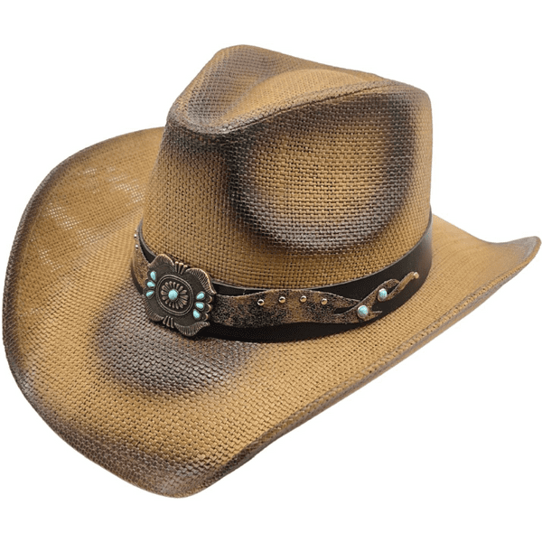 Brown Hard Straw Summer Cowboy Hat - Turquoise Bloom
