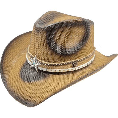 Brown Hard Straw Summer Cowboy Hat - Turquoise Star