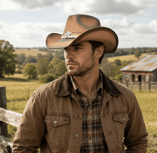 Brown Hard Straw Summer Cowboy Hat - Turquoise Star
