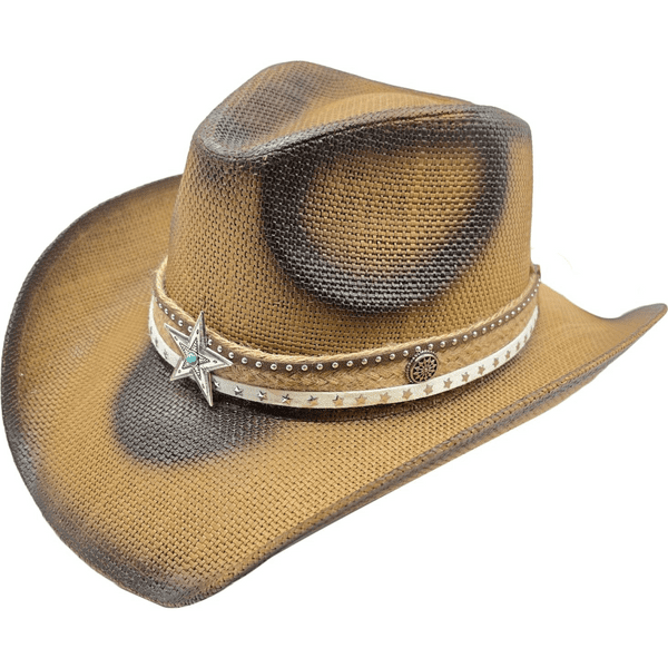 Brown Hard Straw Summer Cowboy Hat - Turquoise Star