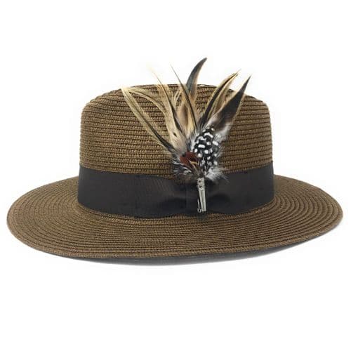 Brown Summer Fedora Hat with Removable Feather Brooch - Tawney