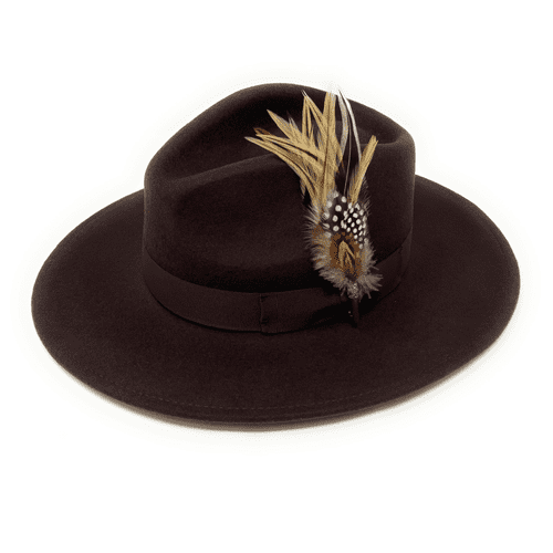 Brown Wide Brim Fedora Hat with Country Feather Brooch - Widford