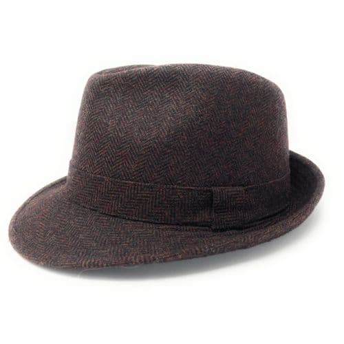 Brown Wool Herringbone Tweed Trilby Hat - Winstone