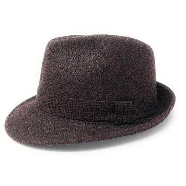Brown Wool Herringbone Tweed Trilby Hat - Winstone