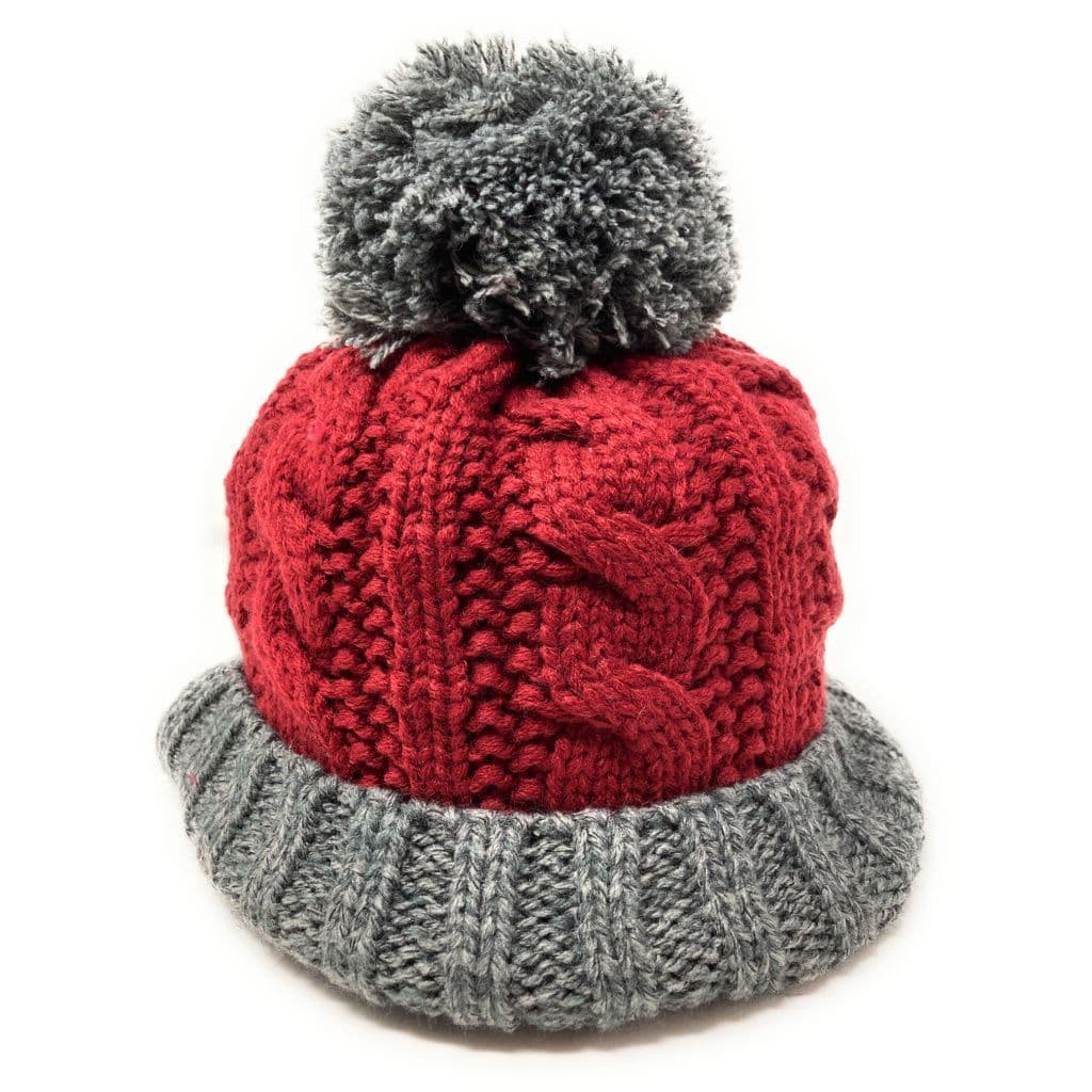 Burgundy and Grey Wool Cable Knit Bobble Hat