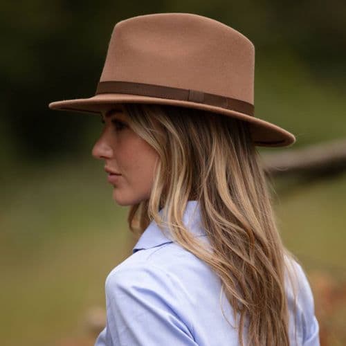 Camel Fedora Hat Crushable Wool Felt with leather band - Haydock